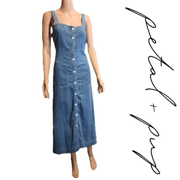 Petal & Pup Bettie Midi Dress Missing Button Blue Med - Picture 1 of 9
